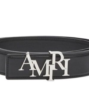 AMIRI Black Leather Belt with Silver Logo Buckle